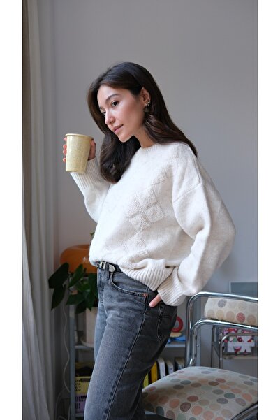 SolQ Baklava Pattern Casual Daily Low Shoulder Stylish Women's Sweater