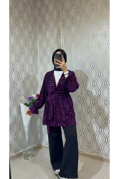 DİLEKBUTİK Purple Feathered Unlined Belted Kimono