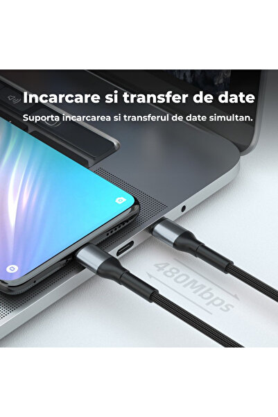 OEM Cablu de încărcare rapidă Type-C la Type-C PD 60W, nailon, compatibil laptop, tabletă și telefon