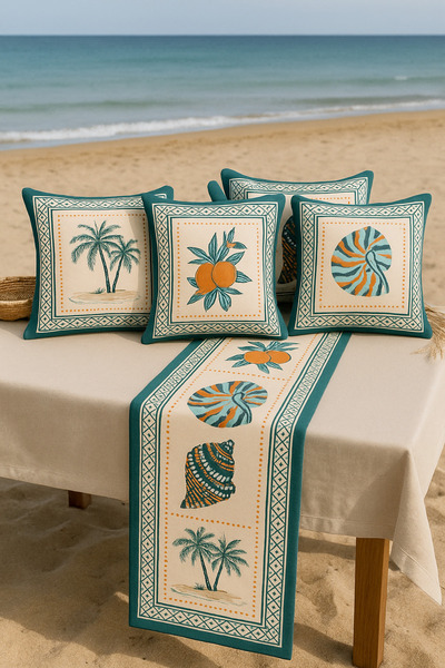 POMELO HOME Marin Sahil Stili Balkon Dekor Seti 5 Parça | Tropikal Palmiye & Kabuk