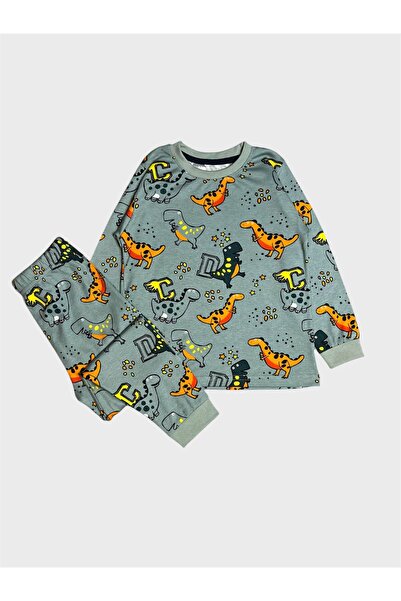 elmas kids Boy's 100% Cotton Green Dinosaur Patterned Long Sleeve Pajama Set