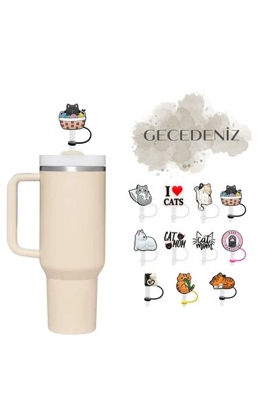 GECEDENİZ Thermos Compatible Straw Stopper Black Cat in the Basket