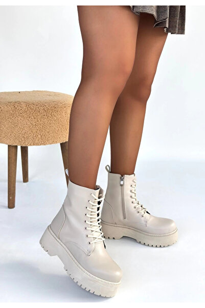 KAZAX Jonni Beige Leather Lace-Up Boots - Lisinya