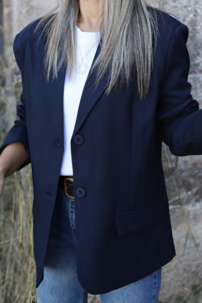 bytugcekaya Navy Blue Oversized Polyviscose Blazer Jacket