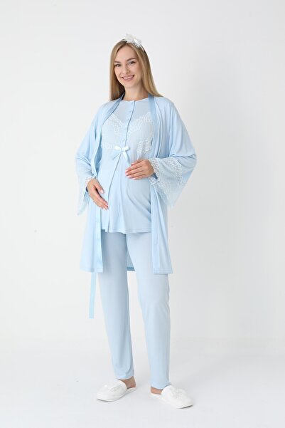 BLACKMORE Women's Blue Special Lace Detailed Design Cotton Maternity Pajamas 3-Piece Set