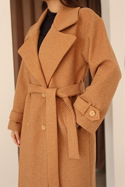 Leo Ferre Women's Camel Cashmere Double-Breasted Collar Long Overcoat. 1172