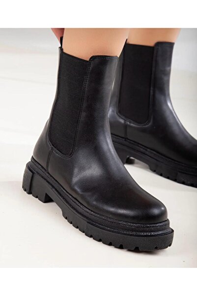 RVNS SHOES Kadın Siyah Yanı Lastikli Kalın Tabanlı Postal Bot