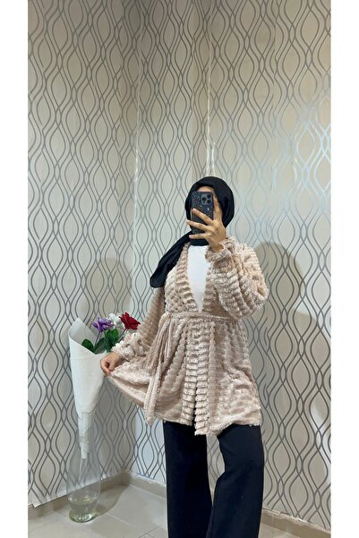 DİLEKBUTİK Beige Fur-Lined, Unlined, Belted Kimono