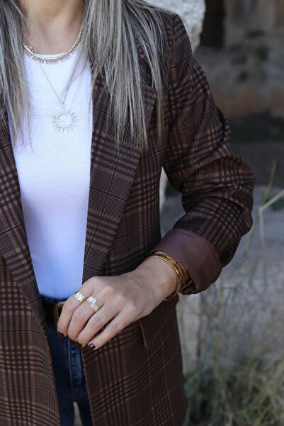 bytugcekaya Καφέ καρό μπλέιζερ μπουφάν