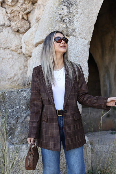 bytugcekaya Καφέ καρό μπλέιζερ μπουφάν