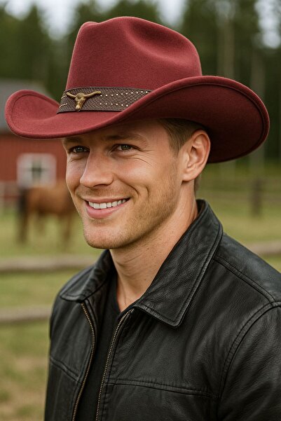 MARBERRY Burgundy Accessory Detailed Stamped Cowboy Men's Hat