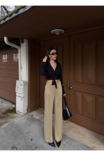 MADAMMERY Triko Taşlı Parlak Bol Pantolon