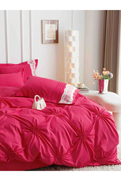 CASIMI Bed Linen, 6 Pieces, Embroidered Hearts, Premium Finet - Intense Red