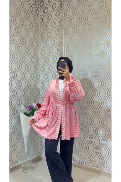 DİLEKBUTİK Pink Feathered Unlined Belted Kimono