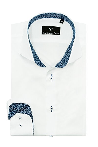 Gentlemen's Corner Men's White Slim Fit Shirt with Navy Floral Contrast