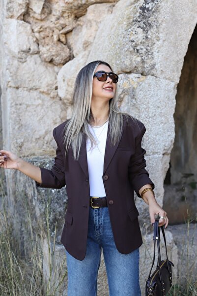 bytugcekaya Brown Oversized Polyviscon Blazer Jacket