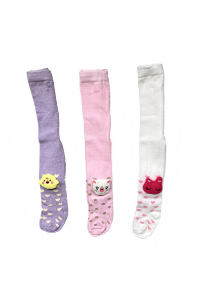 Miniworld Set of 3 girls' tights made of thick cotton with a toy, 6-12 months, Multicolored