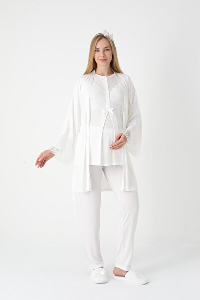 BLACKMORE Women's Ecru Special Lace Detailed Design Cotton Maternity Pajamas 3-Piece Set