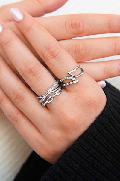 TREND COLLECTİON Gümüş Işıltı Kavisli Zirkon Taşlı Kadın 2'li Yüzük Seti