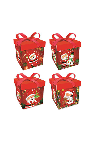 Mirific Party Set of 4 red gift boxes, 10x10x10 cm, various designs, Santa Claus