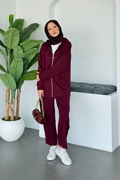 Şulemoda Giyim طقم تونا بغطاء رأس بسحاب باللون الأحمر الداكن