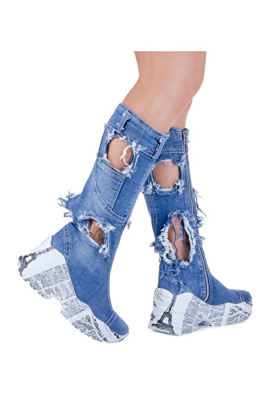 Butik Jeanolog Ripped Diz Altı Kot Çizme Dolgu Topuk Ortopedik Taban