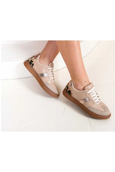 nuvilo Beige Flat-Soled Lace-Up Women's Sneaker Sports Shoes