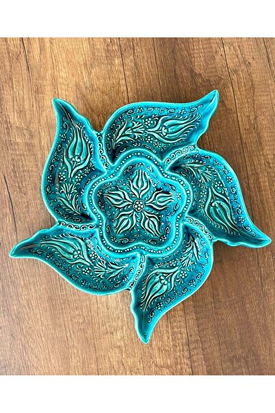 MUGUSA HEDİYELİK EL YAPIMI ÇİNİ SERAMİK KABARTMA DESENLİ RÜZGAR GÜLÜ TURKUAZ ...