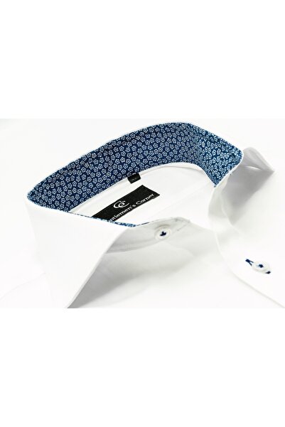 Gentlemen's Corner Men's White Slim Fit Shirt with Navy Floral Contrast
