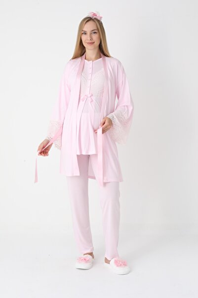 BLACKMORE Women's Pink Special Lace Detailed Design Cotton Maternity Pajamas 3-Piece Set
