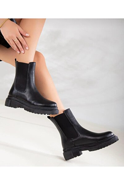 RVNS SHOES Kadın Siyah Yanı Lastikli Kalın Tabanlı Postal Bot