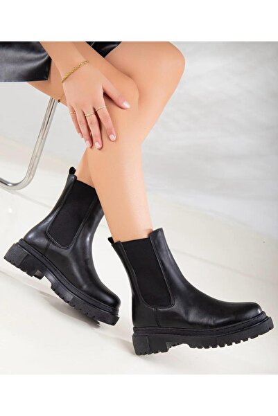 RVNS SHOES Kadın Siyah Yanı Lastikli Kalın Tabanlı Postal Bot