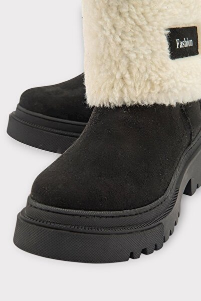 Liger Γυναικείες μπότες με χοντρή σόλα από σουέτ με γούνα ΜΑΥΡΟ