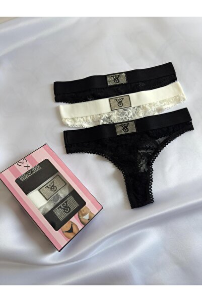 dorsha Taş Detaylı Dantelli Şık 3’lü Tanga Seti– 2x Siyah, Beyaz (KUTULU GÖND...