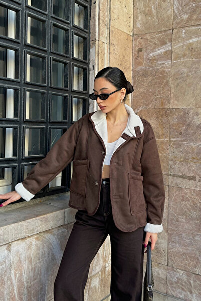 ASEDE Buttoned Suede Jacket with Pockets and Fur Inside