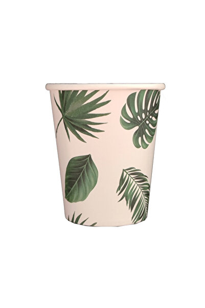 Mirific Party Set of 8 paper cups, white and green, 8.7 cm, leaf design
