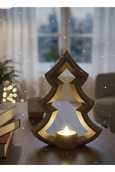 MarselDizayn Dekoratif Çam Ağacı Mumluk - 21 cm - Sütlü Kahve - Led Mum Hediyeli