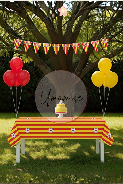 Umamiçe مجموعة حفلات صغيرة باللون الأصفر والأحمر - مفرش طاولة + راية + 5 بالو...