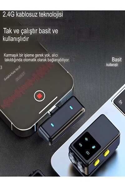 DEANB 600mAh Kablosuz Çiftli Yaka Mikrofonu Type-C Lightning Uyumlu iPhone Android 25m Ses Mikrofonu