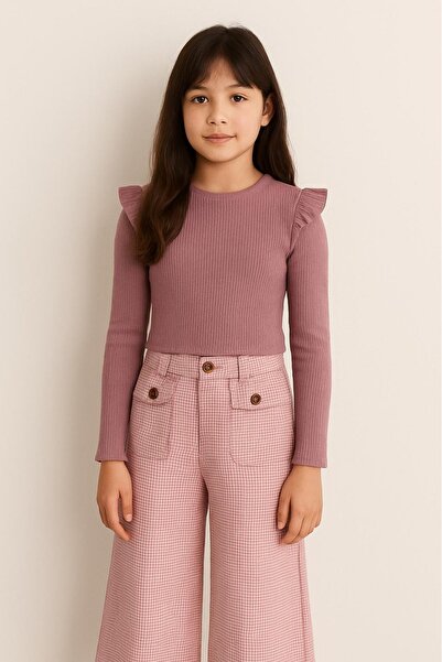 Tarz Çocuk Girl's Powder Pink Ruffle Detailed Blouse and Plaid Patterned Pants Set – Stylish 2-Piece Combination