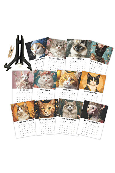 BUNILU Elegant Cats Calendar, 2026, Desk Calendar with Black Stand