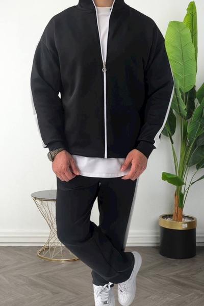 BİRBEYSTORE Lower Upper Set Striped Detail Scuba Tracksuit Set Zippered Comfortable Fit Elastic Waist