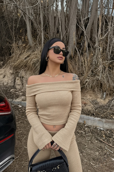 Siner Fashion Women's Beige Long Sleeve Madonna Collar Wide Leg Top and Bottom Set