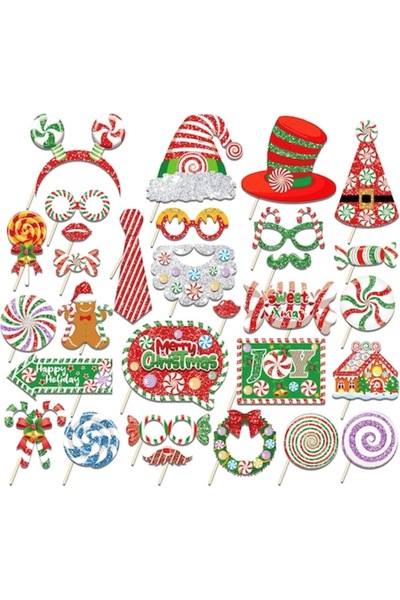 DELPI Photo Props Set, 30-piece Christmas & New Year Party Accessories, Red