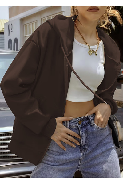 LG LAGULER VESTITI Κομψό, άνετο, μαλακό καφέ φούτερ με φερμουάρ για το φθινόπωρο και το χειμώνα