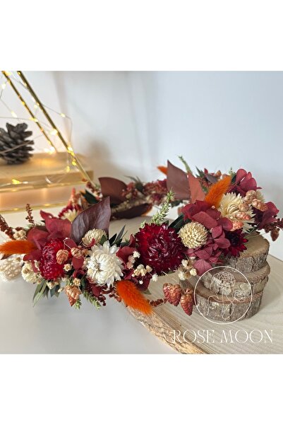 Tasarım ROSEMOON Gerçek Çiçek Bordo Taç - Gelin,Nedime Tacı