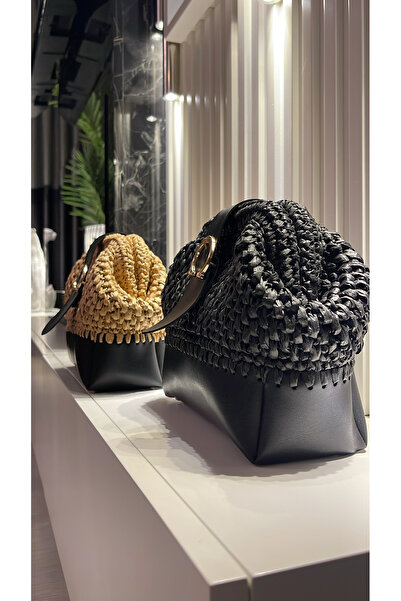 WOMANBAG Wicker Clutch Portfolio Handbag with Black Leather Accessories (35X22Cm)