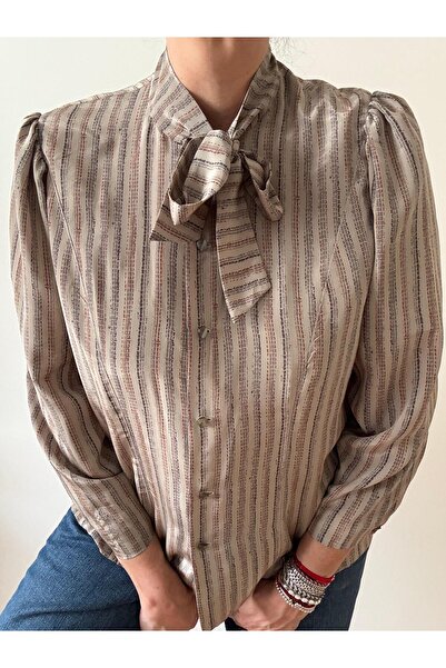 Retrokare Boyundan Bağlamalı Çizgili İpek Gömlek