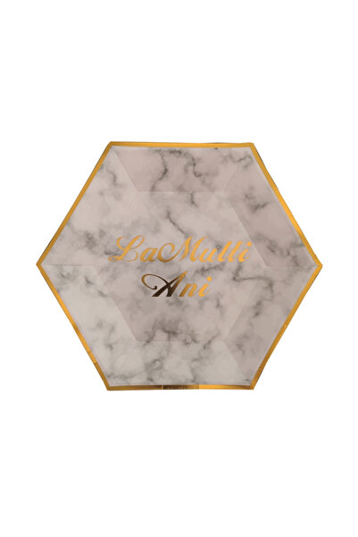 Mirific Party Set of 8 cake plates, white and gold, 23 cm, hexagon, "Happy Birthday"
