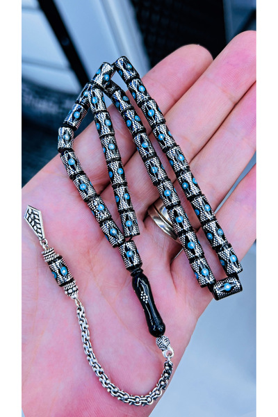 Efe Oltu Taşı Gümüş Tesbih Takı Kesme Model Yoğun Gümüş ve Firuze İşlemeli Oltu Taşı Tespih.